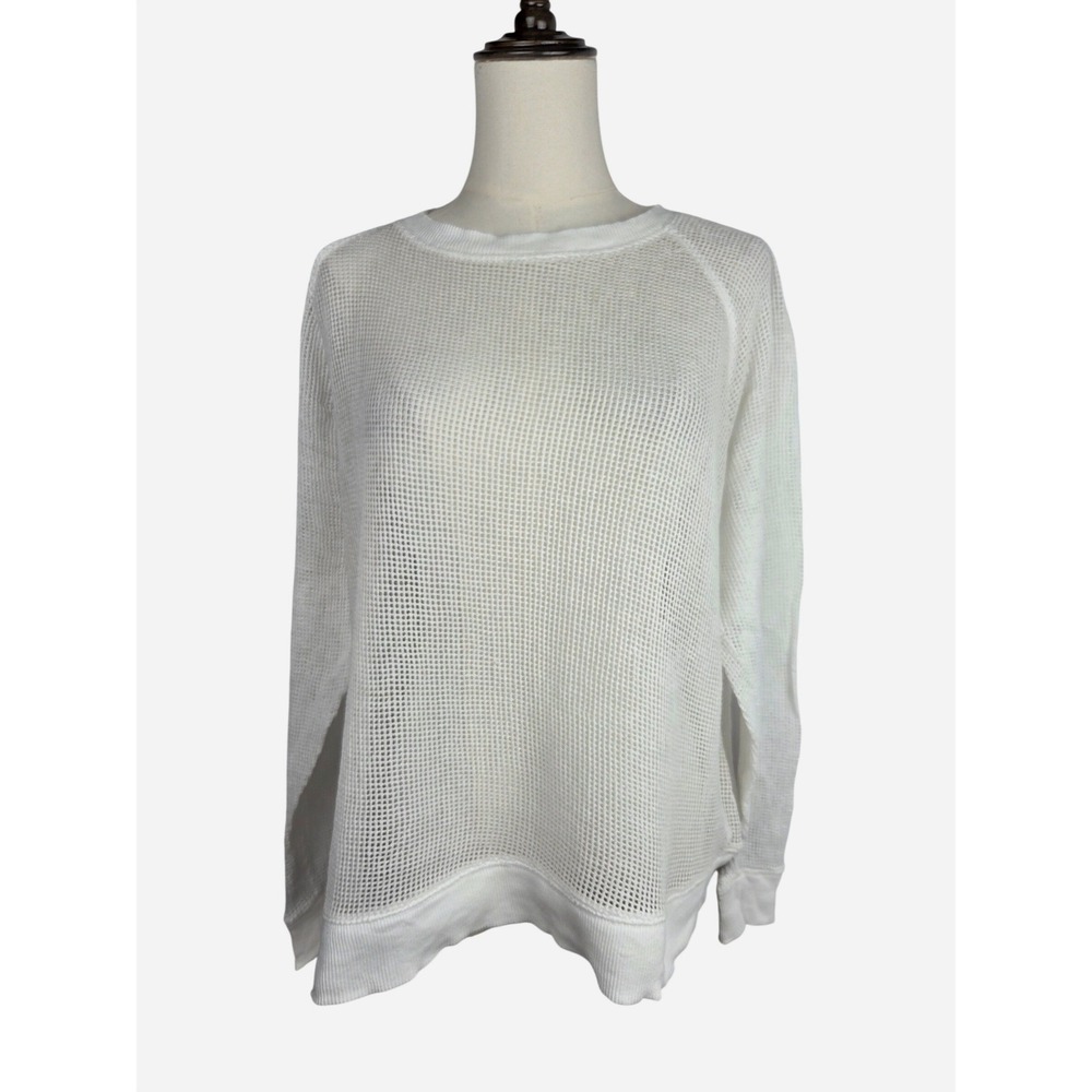 Eileen Fisher Mesh Knit Sweater Medium White Cotton Open Weave Pullover Coastal